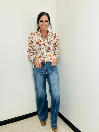 Serena Sheer Western Print Button Up Blouse-Tops-Blue B-Motis & Co Boutique, Women's Fashion Boutique in Carthage, Missouri