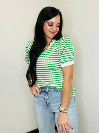 Tiffany Textured Green Striped Top-Short Sleeves-Jodifl-Motis & Co Boutique, Women's Fashion Boutique in Carthage, Missouri