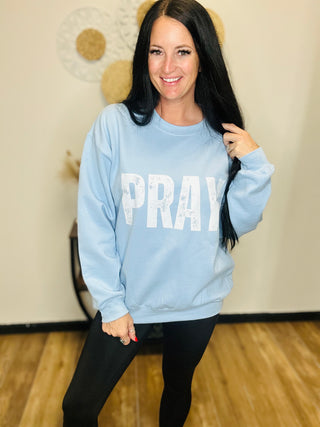 Pray Long Sleeve Blue Graphic Sweatshirt-graphic Sweatshirt-Motis-Motis & Co Boutique, Women's Fashion Boutique in Carthage, Missouri