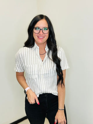 Deb Black & White Striped Blouse-Short Sleeves-staccato-Motis & Co Boutique, Women's Fashion Boutique in Carthage, Missouri