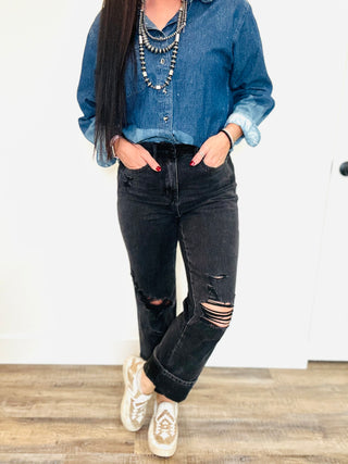 Judy Blue Sloan 90"s Destroyed Black Straight Jeans-Jeans-Judy Blue-Motis & Co Boutique, Women's Fashion Boutique in Carthage, Missouri