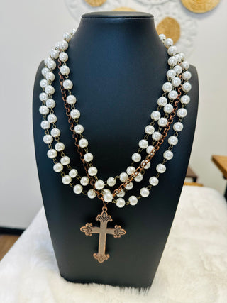 Pearl and Copper Cross Necklace-Necklaces-Jewelry Junkie-Motis & Co Boutique, Women's Fashion Boutique in Carthage, Missouri