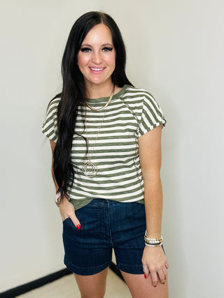 Sabrina Striped Olive Green Top-Short Sleeves-staccato-Motis & Co Boutique, Women's Fashion Boutique in Carthage, Missouri