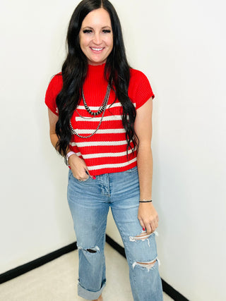 Jami Short Sleeve Red Striped Sweater-Short Sleeves-Zenana-Motis & Co Boutique, Women's Fashion Boutique in Carthage, Missouri