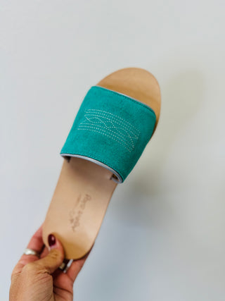 Nadia Turquoise Western Boot Stitch Agave Sky Slide Sandals-Sandals-Agave Sky-Motis & Co Boutique, Women's Fashion Boutique in Carthage, Missouri