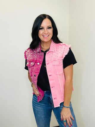 Teva Two Tone Denim Pearl and Crystal Vest-Vests-BiBi-Motis & Co Boutique, Women's Fashion Boutique in Carthage, Missouri