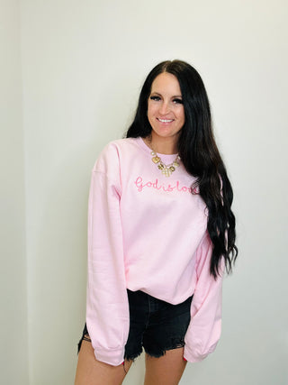 God is Love Embroidered Pink Sweatshirt-graphic Sweatshirt-Dash Forward-Motis & Co Boutique, Women's Fashion Boutique in Carthage, Missouri