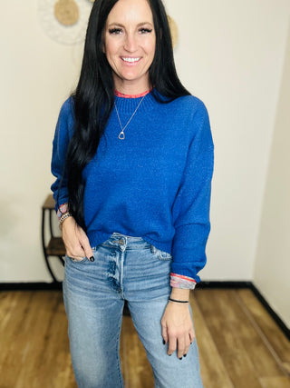 Casual Crew Neck Sweater in Blue - Remi-Sweaters-HYFVE-Motis & Co Boutique, Women's Fashion Boutique in Carthage, Missouri