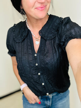 Nora Black Peter Pan Collar Blouse-Short Sleeves-GiGiO-Motis & Co Boutique, Women's Fashion Boutique in Carthage, Missouri