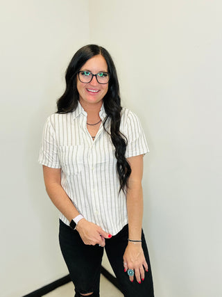 Deb Black & White Striped Blouse-Short Sleeves-staccato-Motis & Co Boutique, Women's Fashion Boutique in Carthage, Missouri