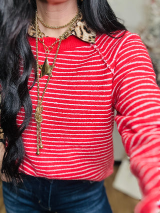 Nora Red Striped Pullover Knit Sweater-Sweaters-staccato-Motis & Co Boutique, Women's Fashion Boutique in Carthage, Missouri
