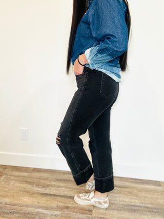Judy Blue Sloan 90"s Destroyed Black Straight Jeans-Jeans-Judy Blue-Motis & Co Boutique, Women's Fashion Boutique in Carthage, Missouri