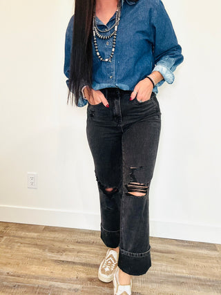 Judy Blue Sloan 90"s Destroyed Black Straight Jeans-Jeans-Judy Blue-Motis & Co Boutique, Women's Fashion Boutique in Carthage, Missouri