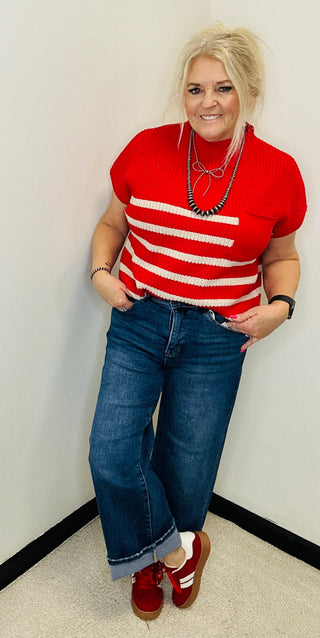 Jami Short Sleeve Red Striped Sweater-Short Sleeves-Zenana-Motis & Co Boutique, Women's Fashion Boutique in Carthage, Missouri