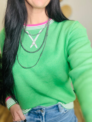 Val Varsity Trimmed Sweater -Green-Sweaters-staccato-Motis & Co Boutique, Women's Fashion Boutique in Carthage, Missouri