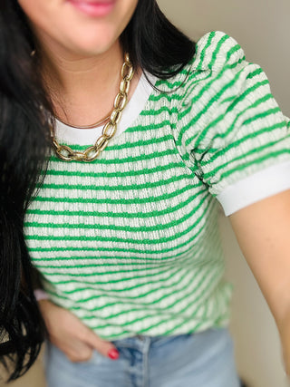 Tiffany Textured Green Striped Top-Short Sleeves-Jodifl-Motis & Co Boutique, Women's Fashion Boutique in Carthage, Missouri