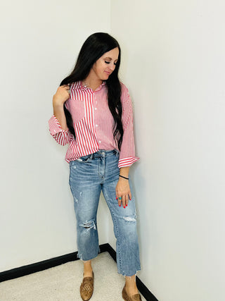 Shiloh Red Striped Button Up Blouse-Tops-Very J-Motis & Co Boutique, Women's Fashion Boutique in Carthage, Missouri