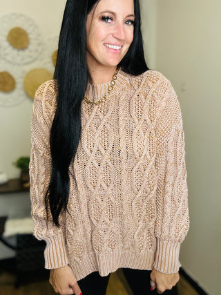 Long sleeve Cable Knit Sweater in Camel - Iris-Sweaters-EASEL-Motis & Co Boutique, Women's Fashion Boutique in Carthage, Missouri