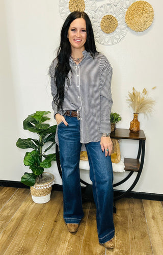 Staci Oversized Button Down Blouse - Navy-Long Sleeves-Star Drop-Motis & Co Boutique, Women's Fashion Boutique in Carthage, Missouri