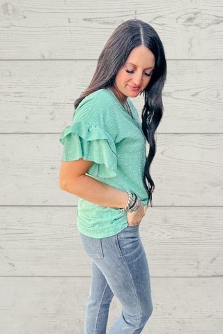 Sallie Mint Dot Ruffle Sleeve Top-Short Sleeves-HEIMISH-Motis & Co Boutique, Women's Fashion Boutique in Carthage, Missouri