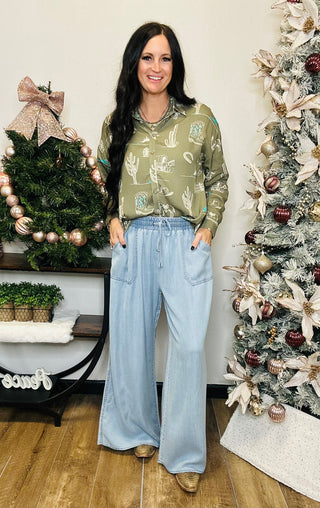 Rowan Chambray Palazzo Pants-Pants-EASEL-Motis & Co Boutique, Women's Fashion Boutique in Carthage, Missouri