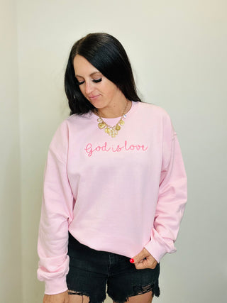 God is Love Embroidered Pink Sweatshirt-graphic Sweatshirt-Dash Forward-Motis & Co Boutique, Women's Fashion Boutique in Carthage, Missouri