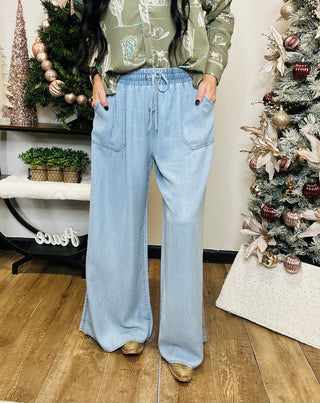 Rowan Chambray Palazzo Pants-Pants-EASEL-Motis & Co Boutique, Women's Fashion Boutique in Carthage, Missouri