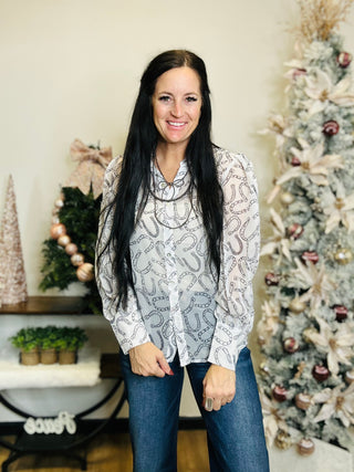 Hallie Sheer Horseshoe Print Blouse-Long Sleeves-Turquoise Haven-Motis & Co Boutique, Women's Fashion Boutique in Carthage, Missouri