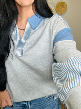 Brynn Color Block Collared Pullover - Grey-Pullovers-Very J-Motis & Co Boutique, Women's Fashion Boutique in Carthage, Missouri
