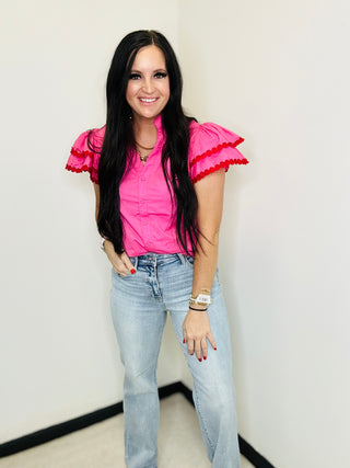 Blair Pink Ruffle Sleeve Blouse-Short Sleeves-BiBi-Motis & Co Boutique, Women's Fashion Boutique in Carthage, Missouri