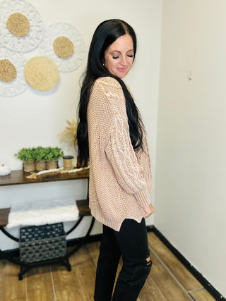 Long sleeve Cable Knit Sweater in Camel - Iris-Sweaters-EASEL-Motis & Co Boutique, Women's Fashion Boutique in Carthage, Missouri