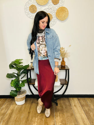 Miles Midi Satin Skirt - Burgundy-Dresses-Tres Bien-Motis & Co Boutique, Women's Fashion Boutique in Carthage, Missouri