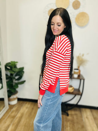 Barb Striped Crew Neck Pullover -Red-Pullovers-staccato-Motis & Co Boutique, Women's Fashion Boutique in Carthage, Missouri