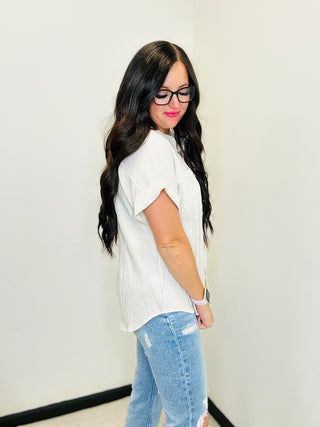 Sydney Short Sleeve Blouse Oatmeal-Short Sleeves-Very J-Motis & Co Boutique, Women's Fashion Boutique in Carthage, Missouri