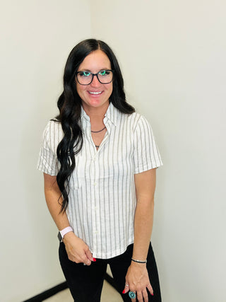Deb Black & White Striped Blouse-Short Sleeves-staccato-Motis & Co Boutique, Women's Fashion Boutique in Carthage, Missouri