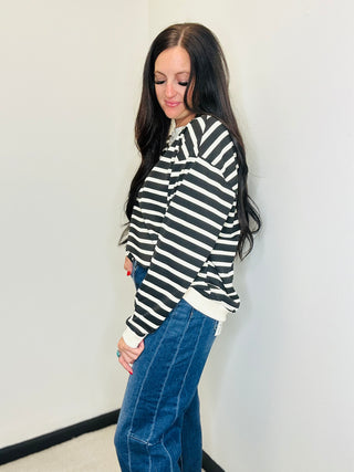 Relaxed Striped Long Sleeve Pullover Black/Cream - Jenn-Pullovers-HYFVE-Motis & Co Boutique, Women's Fashion Boutique in Carthage, Missouri