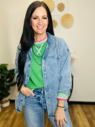 Val Varsity Trimmed Sweater -Green-Sweaters-staccato-Motis & Co Boutique, Women's Fashion Boutique in Carthage, Missouri