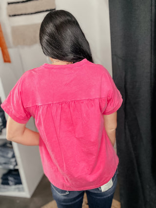 Fran Fuchsia V Neck Basic Top-Short Sleeves-Jodifl-Motis & Co Boutique, Women's Fashion Boutique in Carthage, Missouri
