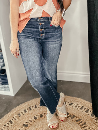 Liam Dark Wash Button Fly Crop Flare-Jeans-Risen-Motis & Co Boutique, Women's Fashion Boutique in Carthage, Missouri