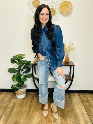 Highway Blues Denim Bow Tie Blouse-Long Sleeves-2 Fly-Motis & Co Boutique, Women's Fashion Boutique in Carthage, Missouri
