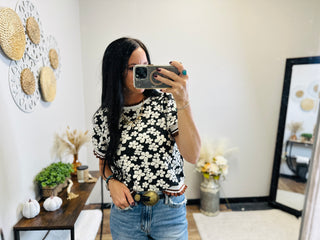 Nicole Embossed Flower Puff Sleeve Top Black-Short Sleeves-Anniewear-Motis & Co Boutique, Women's Fashion Boutique in Carthage, Missouri