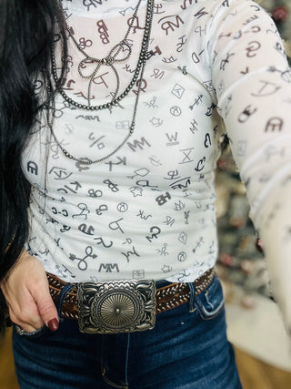 Brandy White Western Band Mesh Top-Long Sleeves-Turquoise Haven-Motis & Co Boutique, Women's Fashion Boutique in Carthage, Missouri