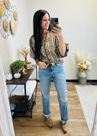 Jane Brown Check Print Button Down Top-Long Sleeves-GiGiO-Motis & Co Boutique, Women's Fashion Boutique in Carthage, Missouri
