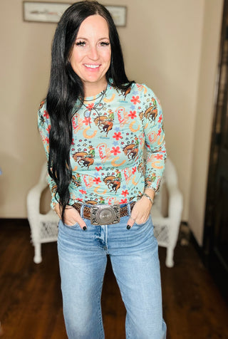 Howdy Cowboy Teal Western Mesh Top-Long Sleeves-Turquoise Haven-Motis & Co Boutique, Women's Fashion Boutique in Carthage, Missouri