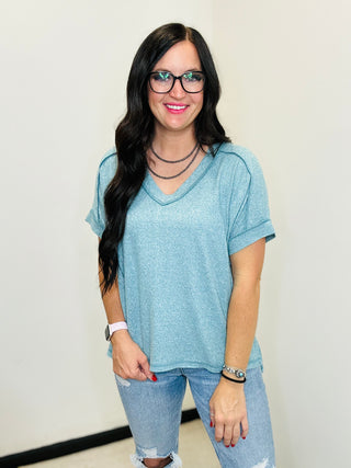 Lynn V Neck Teal Oversized Top-Short Sleeves-Zenana-Motis & Co Boutique, Women's Fashion Boutique in Carthage, Missouri