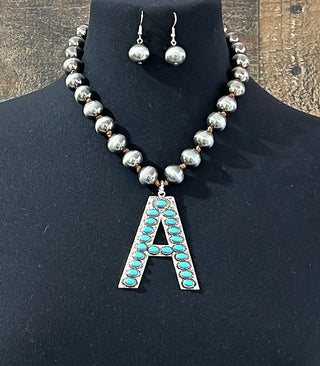 Turquoise Cowboy Pearl Initial Necklace-Necklaces-The Rustic Cactus-Motis & Co Boutique, Women's Fashion Boutique in Carthage, Missouri