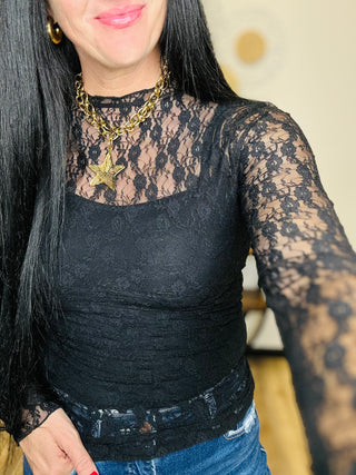 Lucy Black Long Sleeve Lace Mesh Top-Tops-Very J-Motis & Co Boutique, Women's Fashion Boutique in Carthage, Missouri