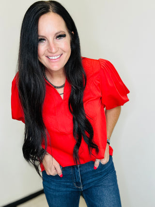 Reece Red Puff Sleeve Top-Tops-Jodifl-Motis & Co Boutique, Women's Fashion Boutique in Carthage, Missouri