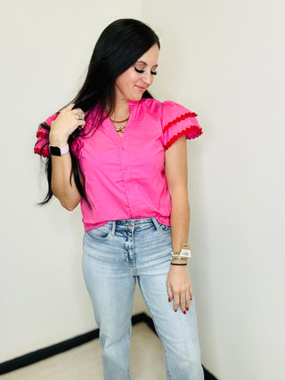 Blair Pink Ruffle Sleeve Blouse-Short Sleeves-BiBi-Motis & Co Boutique, Women's Fashion Boutique in Carthage, Missouri