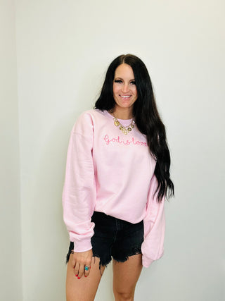God is Love Embroidered Pink Sweatshirt-graphic Sweatshirt-Dash Forward-Motis & Co Boutique, Women's Fashion Boutique in Carthage, Missouri